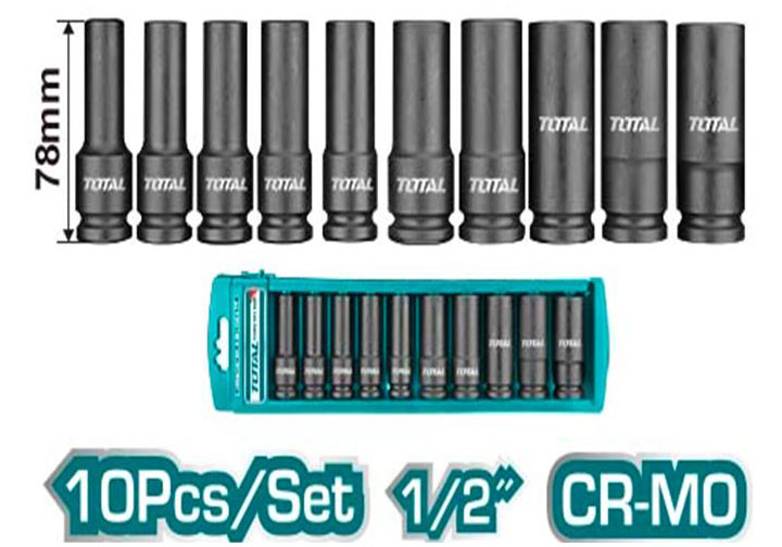 1/2" Bộ đầu tuýp 10 chi tiết 78mm Total THKISD12102L 1/2" Bộ đầu tuýp 10 chi tiết 78mm Total THKISD12102L