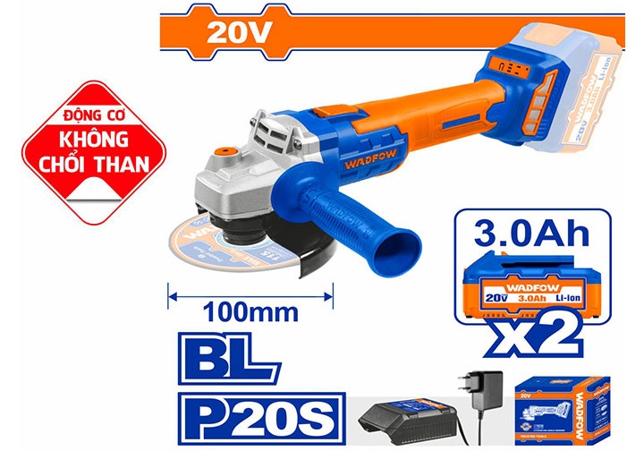 20V Máy mài góc 100mm (không chổi than) dùng pin Wadfow WLAPM12