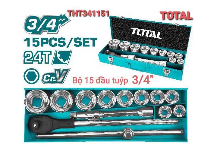 3/4" Bộ tuýp và cần mở 15 chi tiết Total THT341151 3/4" Bộ tuýp và cần mở 15 chi tiết Total THT341151