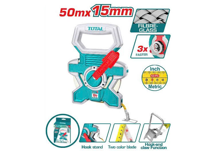 50m Thước dây sợi thủy tinh (50mx15mm) Total TMTF18506 50m Thước dây sợi thủy tinh (50mx15mm) Total TMTF18506