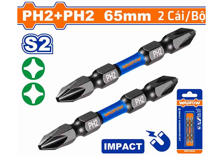 65mm Bộ mũi vít bake 2 đầu PH2 (loại công nghiệp) Wadfow WSV3K62 65mm Bộ mũi vít bake 2 đầu PH2 (loại công nghiệp) Wadfow WSV3K62