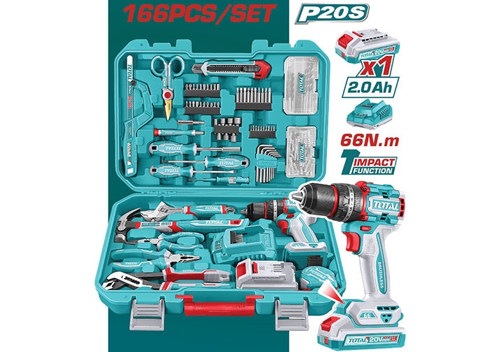 Bộ đồ nghề có máy khoan búa dùng pin 166 chi tiết Total THKTHP41667