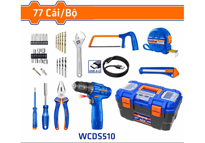 Bộ đồ nghề có máy khoan pin 12V 77 chi tiết Wadfow WDT1B77