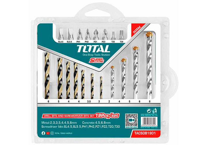Bộ mũi khoan và mũi vặn vít đa năng 19 chi tiết Total TACSDB1901 Bộ mũi khoan và mũi vặn vít đa năng 19 chi tiết Total TACSDB1901