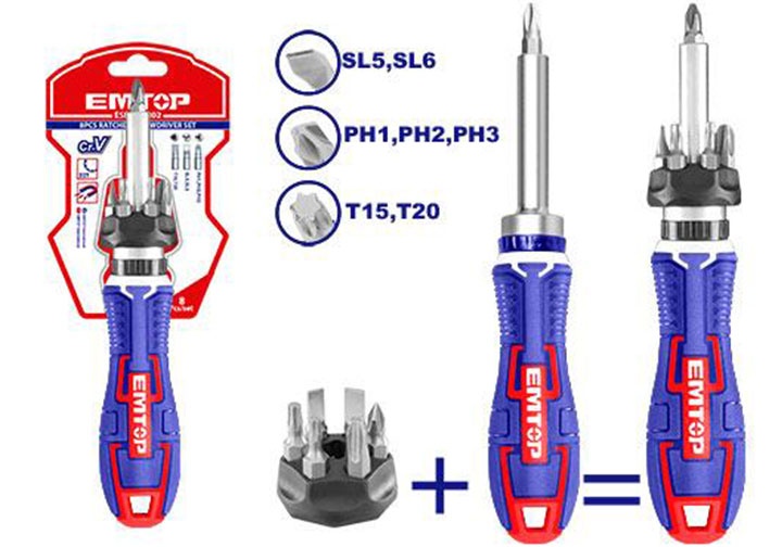 Bộ tuốc nơ vít đa năng 8 chi tiết Emtop ESDRH0802