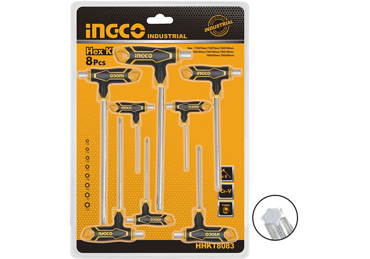 T10-T50 Bộ 8 chìa lục giác tay cầm chữ T đầu hoa thị INGCO HHKT8083 T10-T50 Bộ 8 chìa lục giác tay cầm chữ T đầu hoa thị INGCO HHKT8083