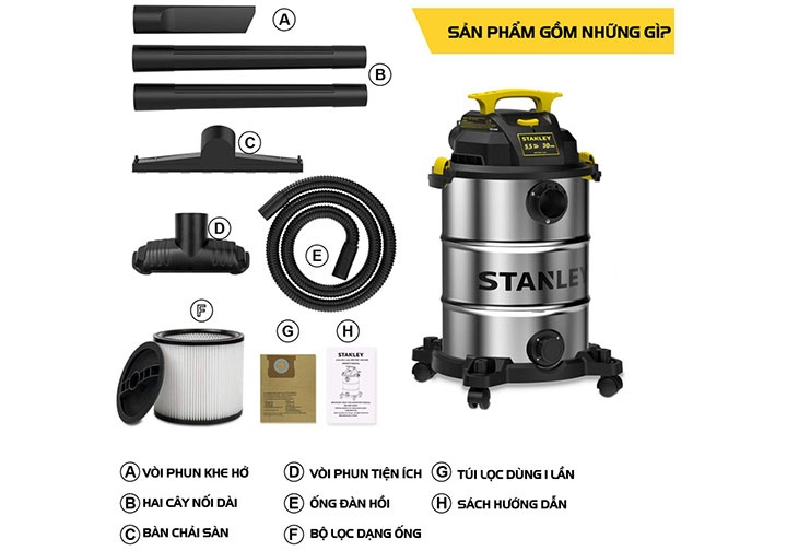 4000W Máy hút bụi 3 chức năng (Khô, Ướt, Thổi) 30 lít Stanley SL19417-8A