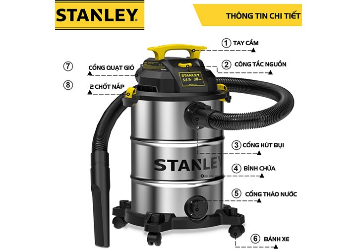 4000W Máy hút bụi 3 chức năng (Khô, Ướt, Thổi) 30 lít Stanley SL19417-8A