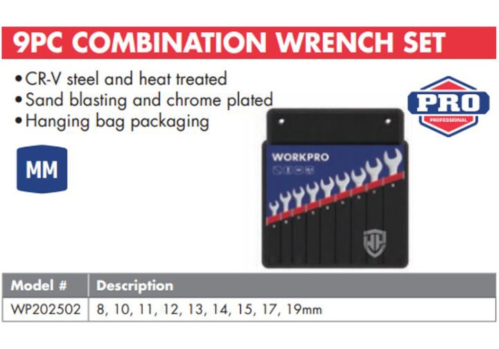 8-19mm Bộ cờ lê vòng miệng 9 chi tiết Workpro WP202502